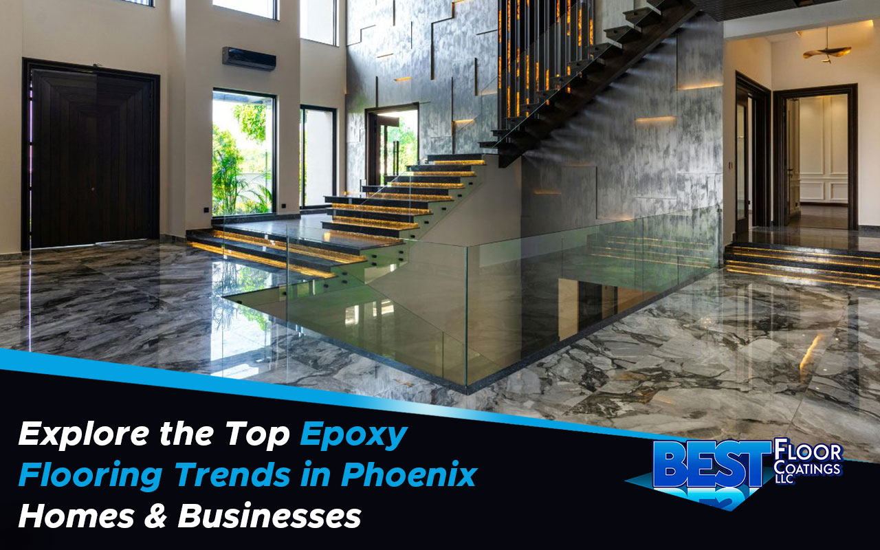 Modern living room with sleek gray epoxy flooring