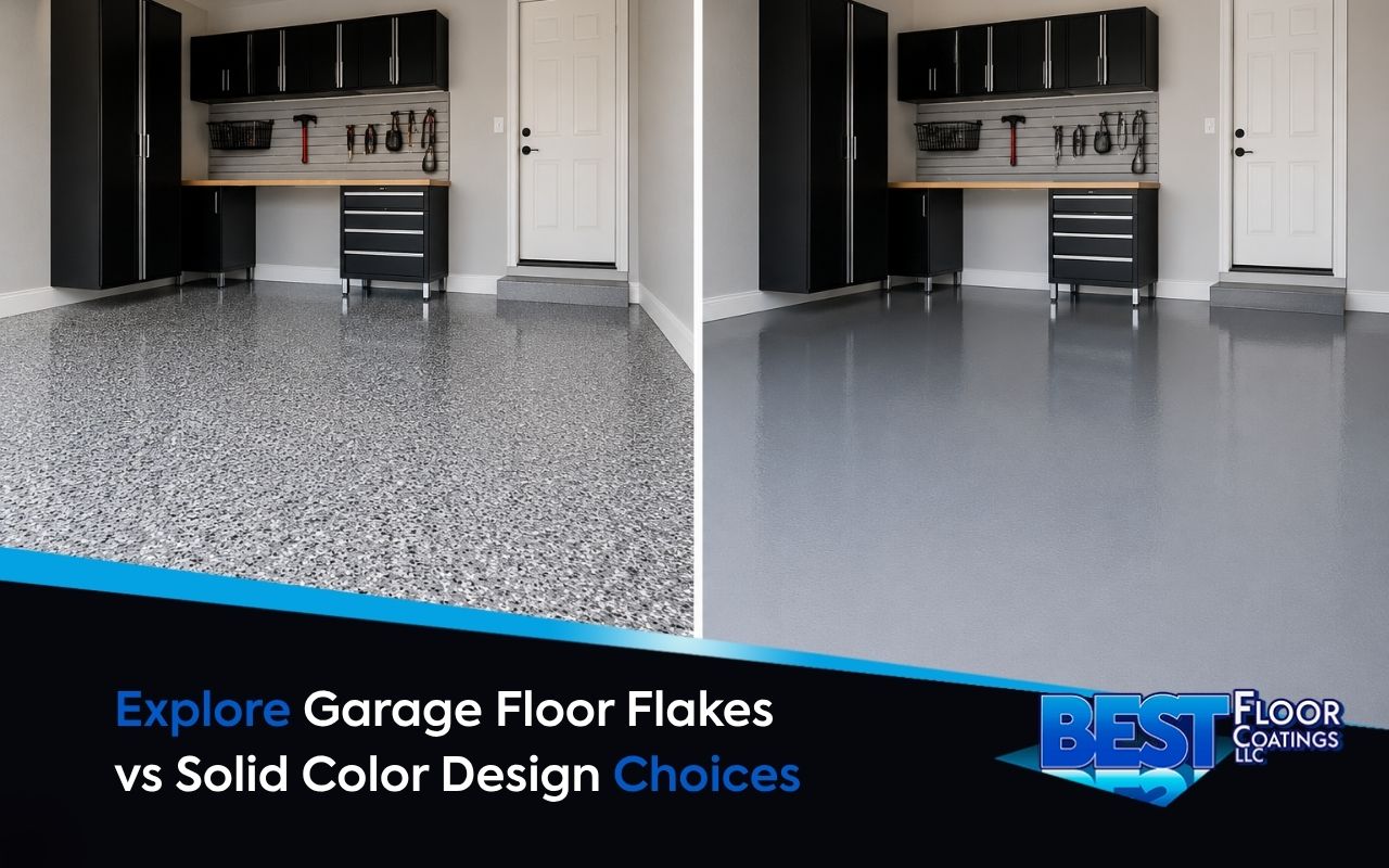 Garage floor flakes vs solid color comparison for durable garage flooring
