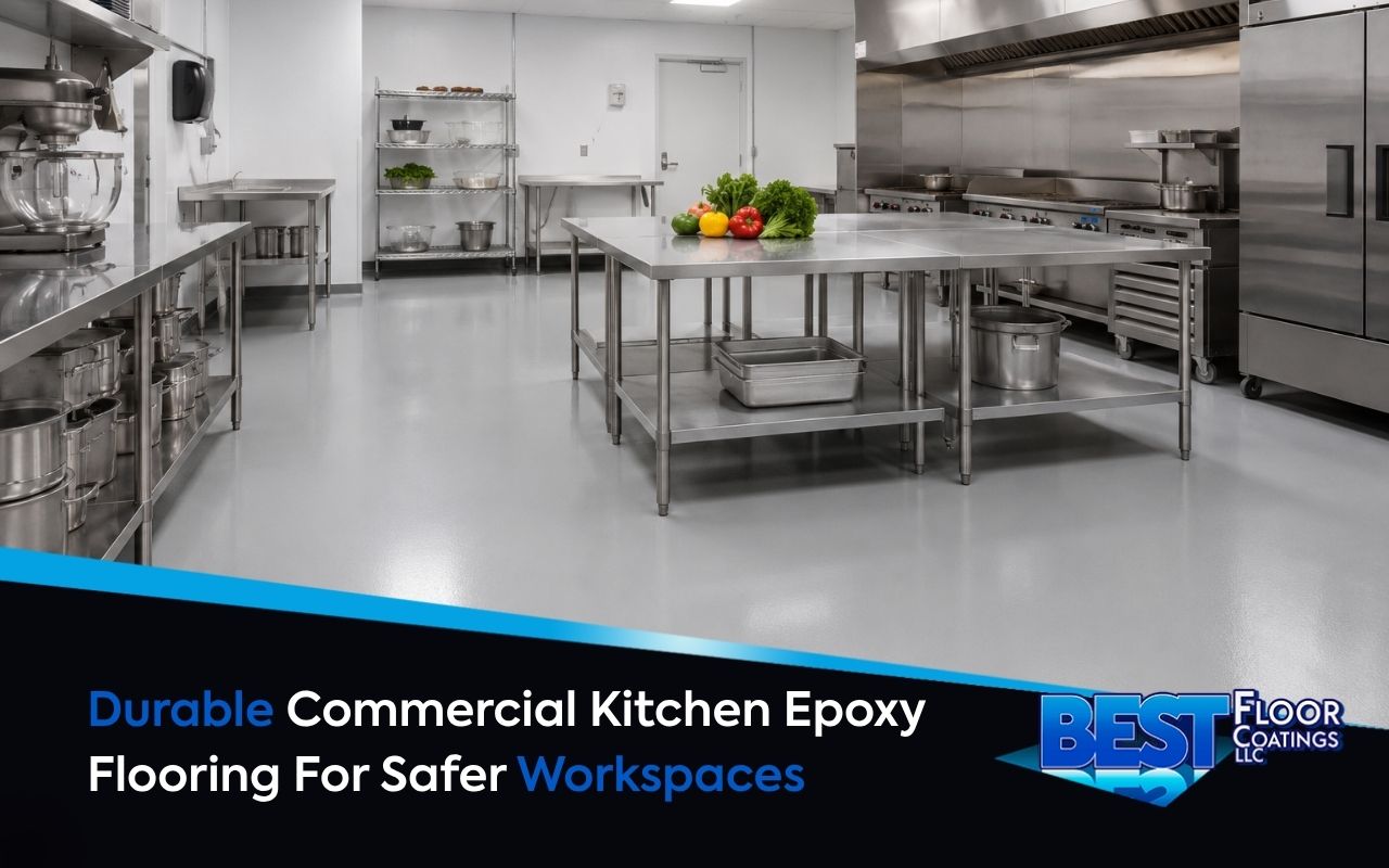 commercial kitchen epoxy flooring in a clean food prep area