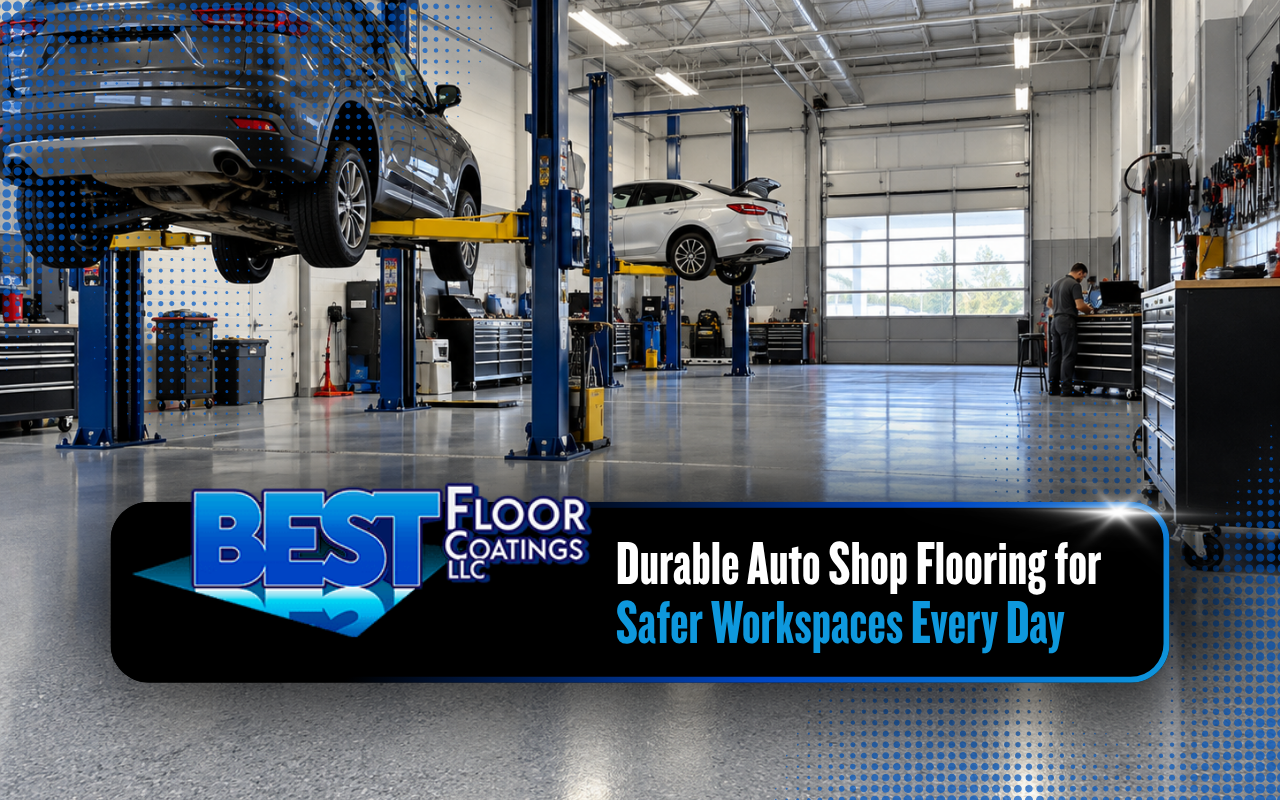 Auto shop flooring installed in a clean service bay