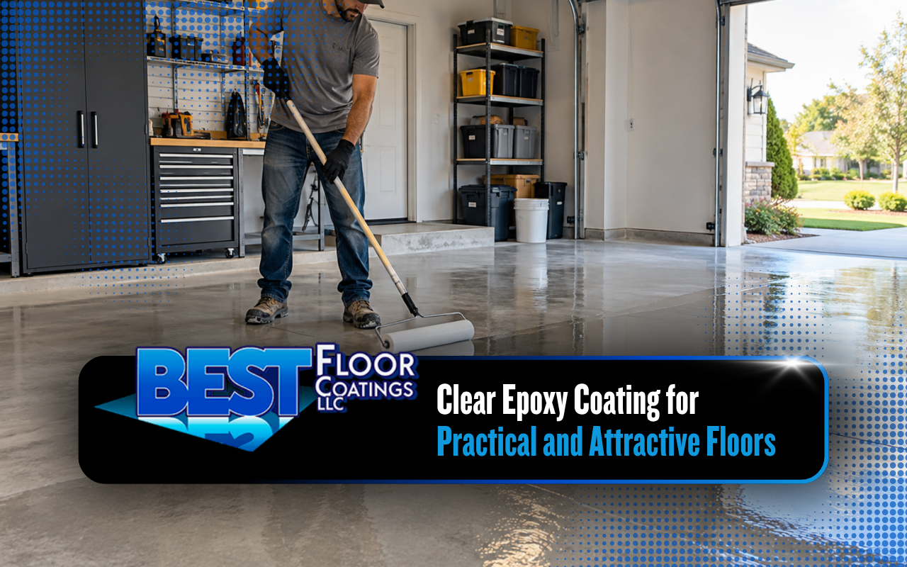 Clear epoxy coating applied to a clean garage floor