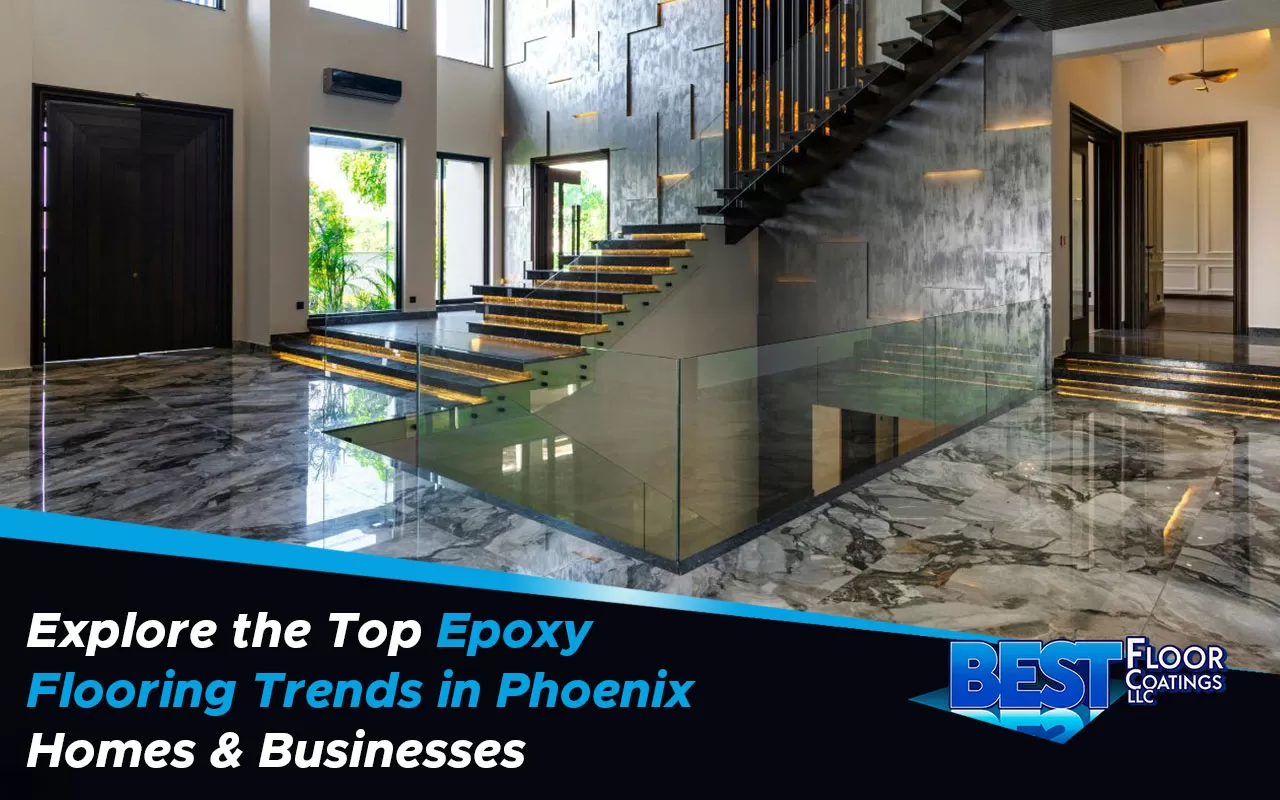Modern living room with sleek gray epoxy flooring